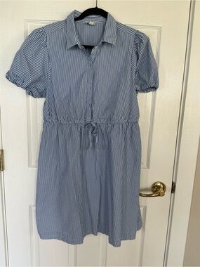 J. Crew Factory Blue and White Striped Drawstring Shirt Dress with Puff Sleeves